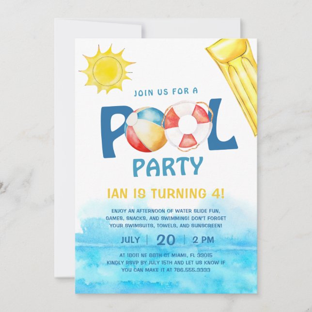 Pool Party Birthday Invitation Fun Water Summer (Front)