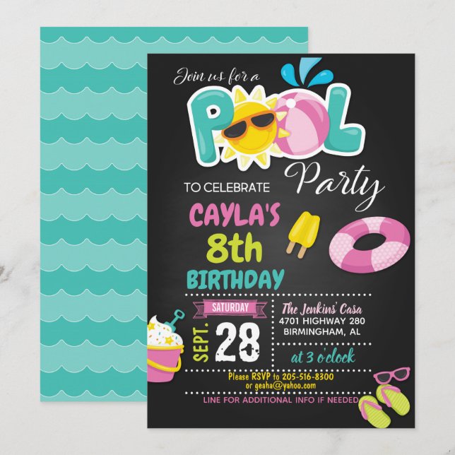 Pool Party Birthday Invitation - Girl (Front/Back)