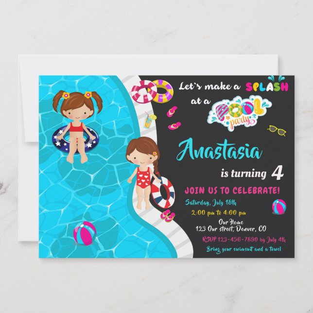 Pool party birthday invitation Girl pool invite (Front)