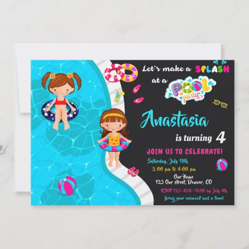 Pool party birthday invitation Girl pool invite