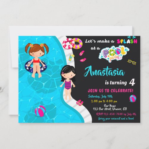 Pool party birthday invitation Girl pool invite
