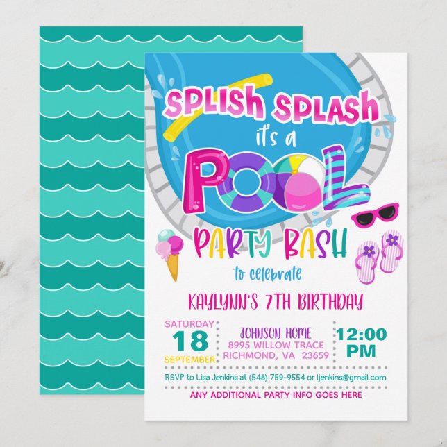 Pool Party Birthday Invitation - Girl WH (Front/Back)