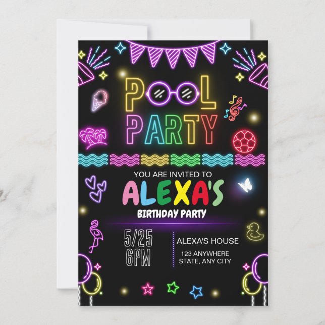 Pool Party Birthday Invitation, Neon Party  Invitation (Front)
