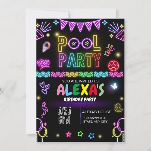 Pool Party Birthday Invitation Neon Party  Invitation