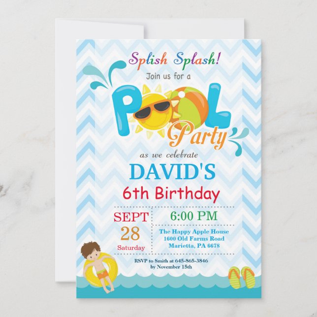 Pool Party Birthday Invitation Splish Splash Boy (Front)