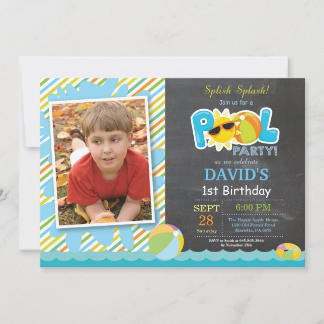 Pool Party Birthday Invitation Splish Splash Boy (Front)