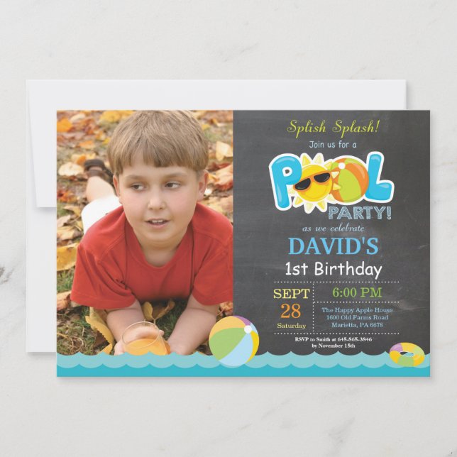 Pool Party Birthday Invitation Splish Splash Boy (Front)