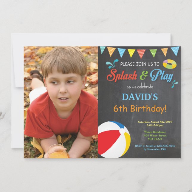 Pool Party Birthday Invitation Splish Splash Boy (Front)