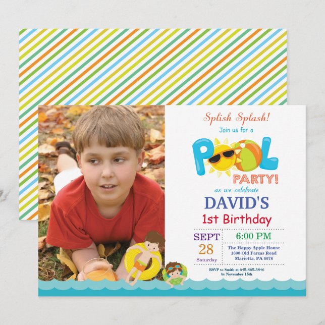 Pool Party Birthday Invitation Splish Splash Boy (Front/Back)