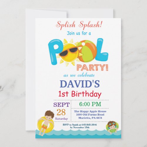 Pool Party Birthday Invitation Splish Splash Boy