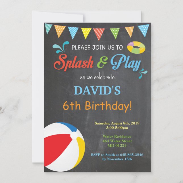 Pool Party Birthday Invitation Splish Splash Boy (Front)
