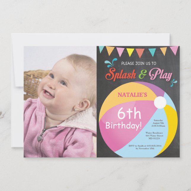Pool Party Birthday Invitation Splish Splash Girl (Front)