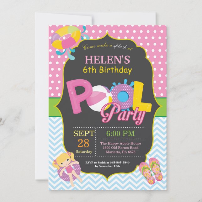 Pool Party Birthday Invitation Splish Splash Girl (Front)