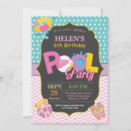 Pool Party Birthday Invitation Splish Splash Girl