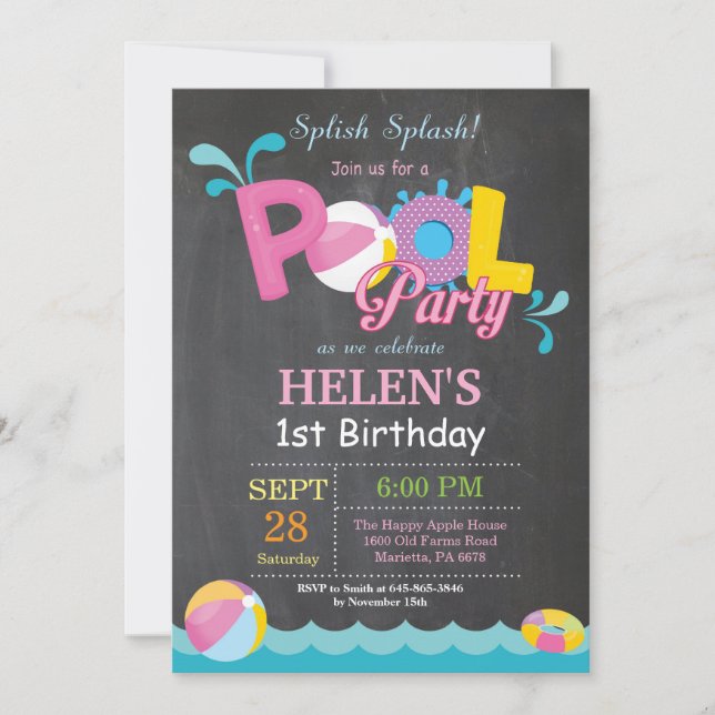 Pool Party Birthday Invitation Splish Splash Girl (Front)