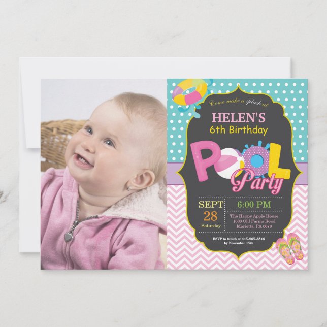 Pool Party Birthday Invitation Splish Splash Girl (Front)