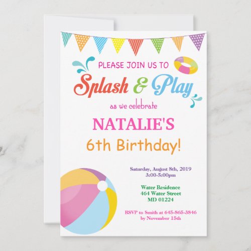 Pool Party Birthday Invitation Splish Splash Girl