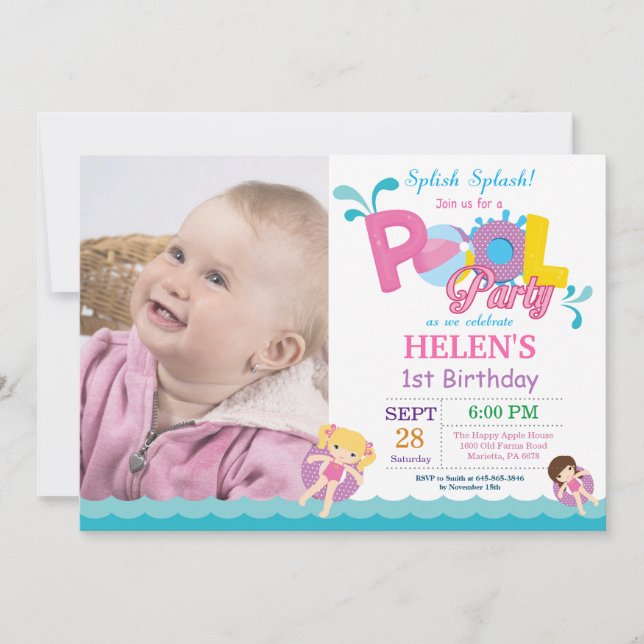 Pool Party Birthday Invitation Splish Splash Girl (Front)