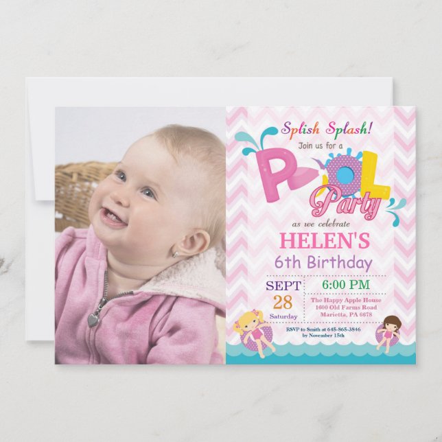 Pool Party Birthday Invitation Splish Splash Girl (Front)