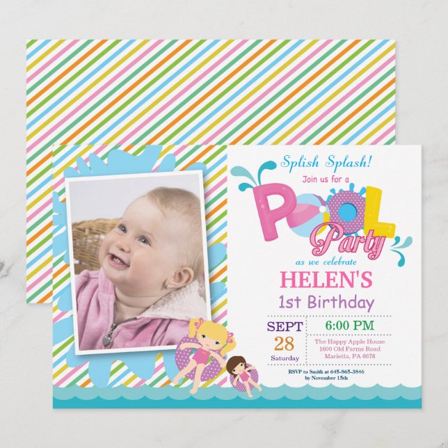 Pool Party Birthday Invitation Splish Splash Girl (Front/Back)