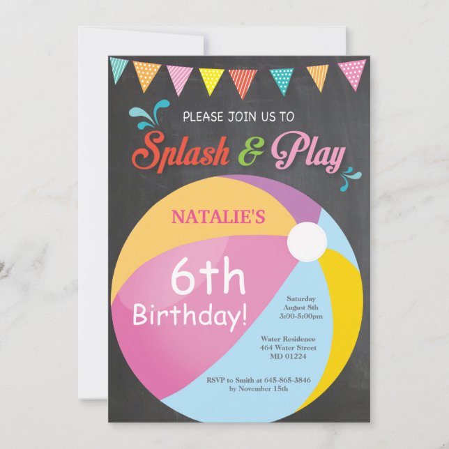 Pool Party Birthday Invitation Splish Splash Girl (Front)