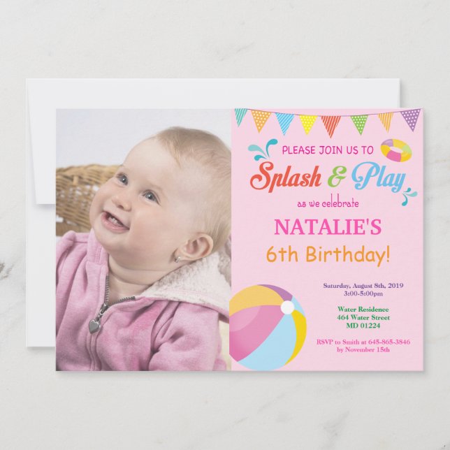 Pool Party Birthday Invitation Splish Splash Girl (Front)