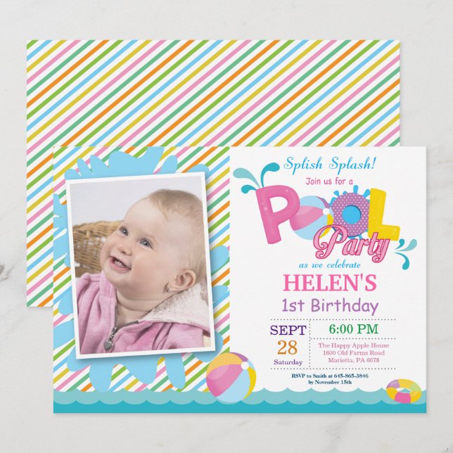 Pool Party Birthday Invitation Splish Splash Girl (Front/Back)
