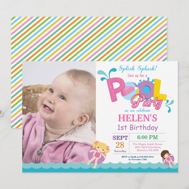Pool Party Birthday Invitation Splish Splash Girl (Front/Back)