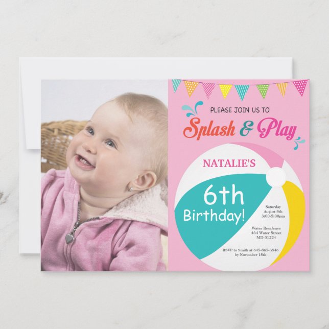 Pool Party Birthday Invitation Splish Splash Girl (Front)
