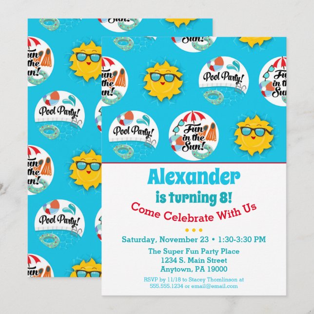 Pool Party Birthday Invitation Swimming Summer (Front/Back)