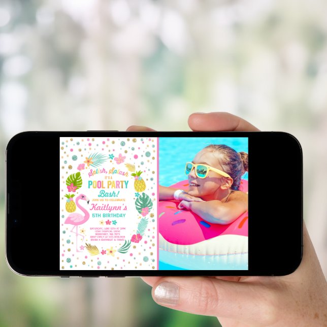 Pool Party Birthday Invitation Tropical Flamingo (Front Digital)