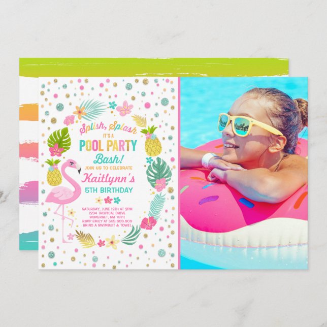 Pool Party Birthday Invitation Tropical Flamingo (Front/Back)