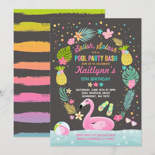 Pool Party Birthday Invitation Tropical Flamingo (Front/Back)