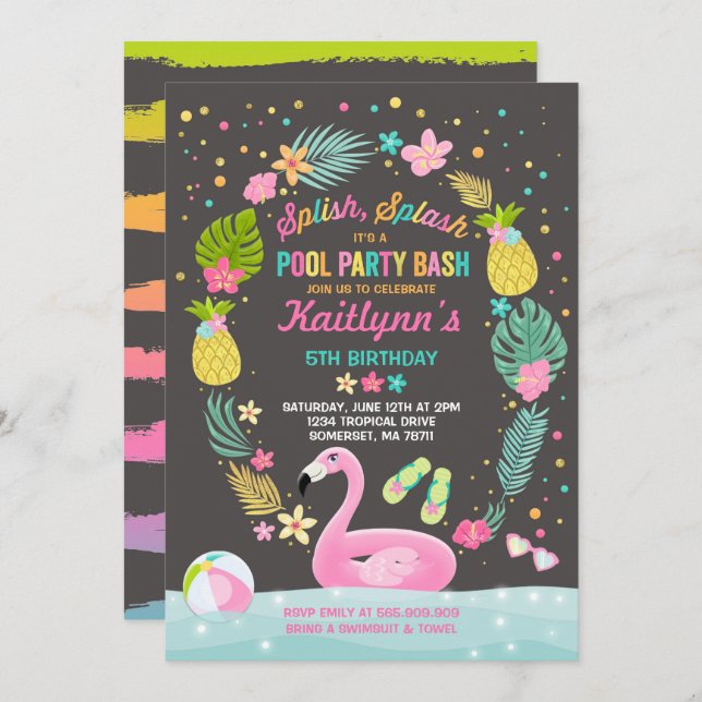 Pool Party Birthday Invitation Tropical Flamingo (Front/Back)