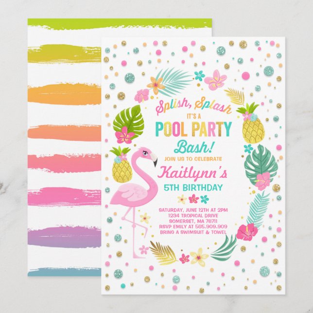 Pool Party Birthday Invitation Tropical Flamingo (Front/Back)