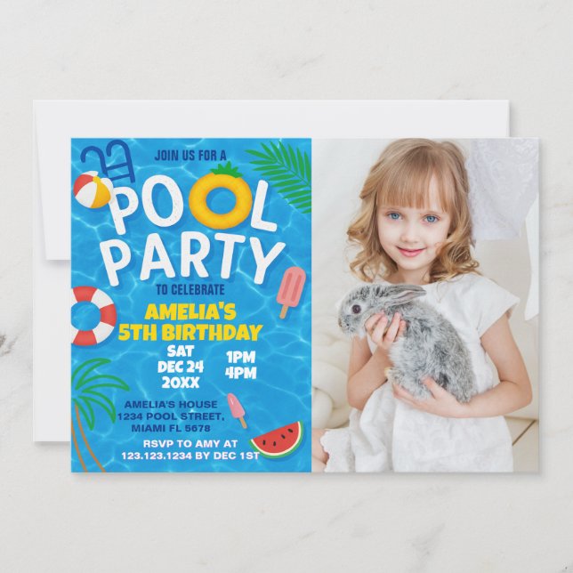 Pool Party Birthday Invitation with photo (Front)
