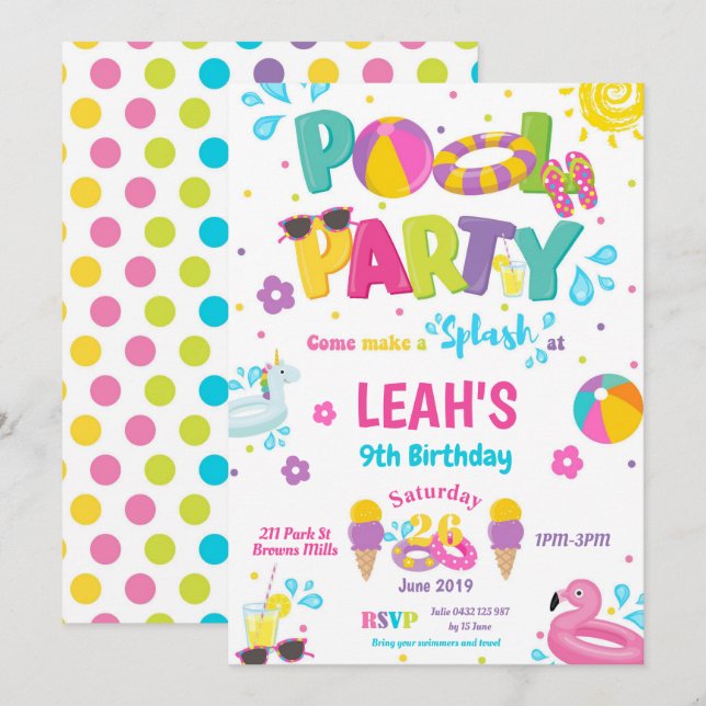 Pool Party Birthday Invitations Girls (Front/Back)