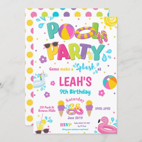 Pool Party Birthday Invitations Girls