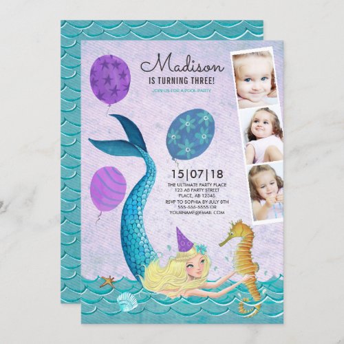 Pool Party Birthday  Mermaid  Invitations