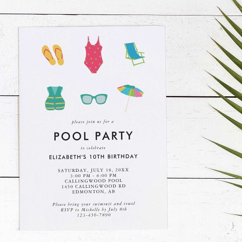 Pool Party Birthday Minimal Simple Colorful Cute Invitation