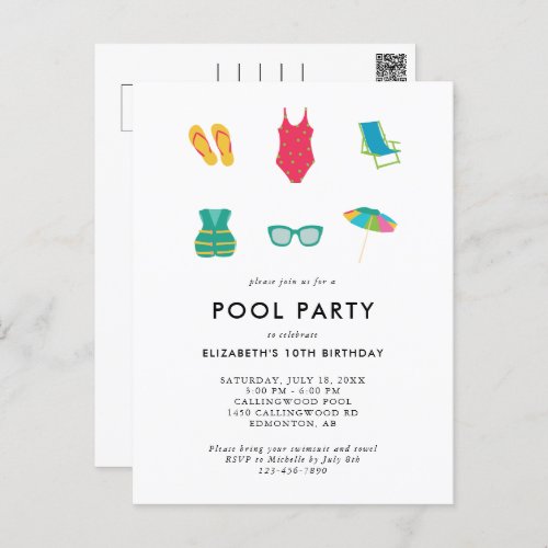 Pool Party Birthday Minimal Simple Colorful Cute Postcard