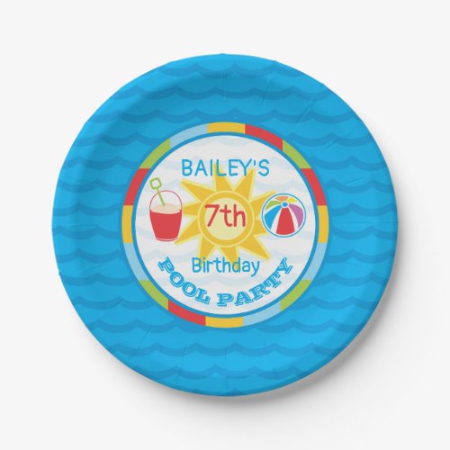 Pool Party Birthday Paper Plates in Primary Colors