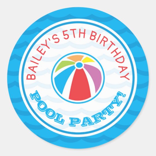 Pool Party Birthday Party Beach Ball Classic Round Sticker | Zazzle