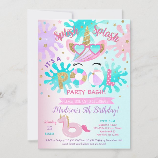 Pool Party Birthday Party Invitations with Unicorn (Front)