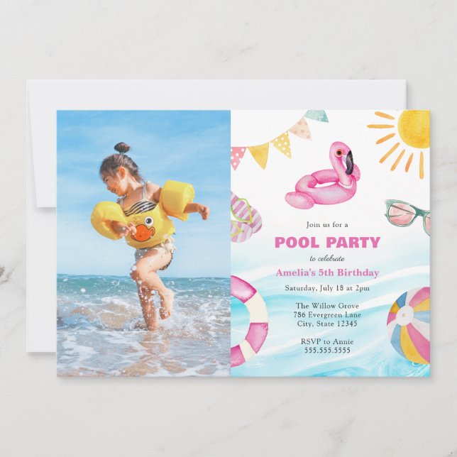 Pool Party Birthday Photo Invitation (Front)