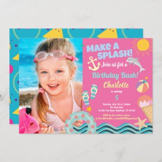 Pool party birthday photo invitation for girl