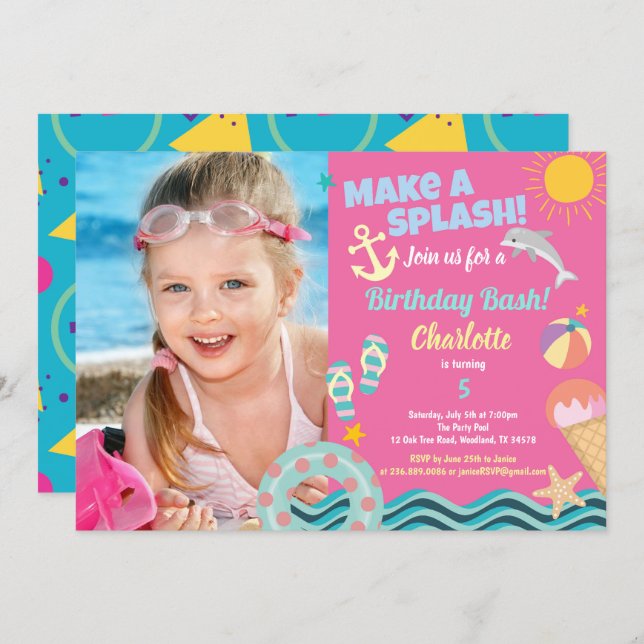 Pool party birthday photo invitation for girl (Front/Back)