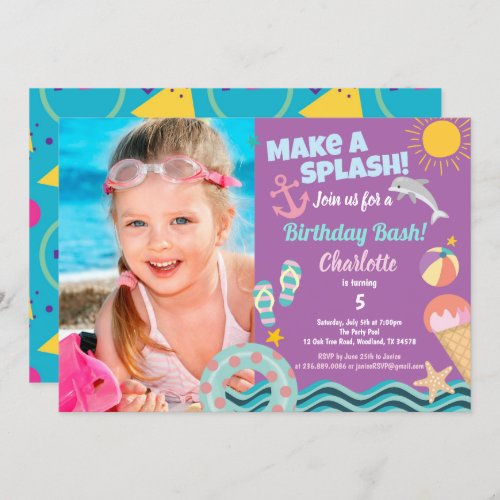 Pool party birthday photo  invitation for girl