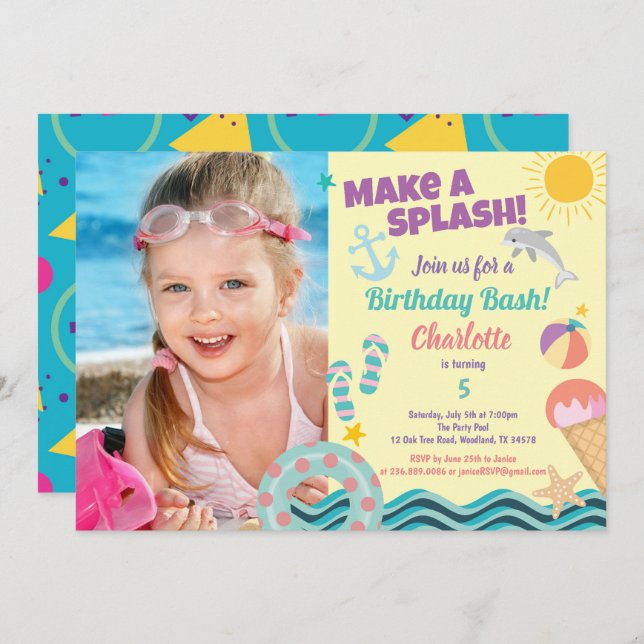 Pool party birthday photo invitation for girl (Front/Back)