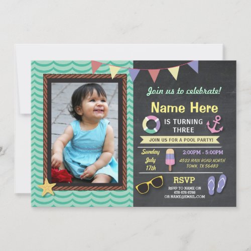 Pool Party Birthday Photo Summer Anchor Invite